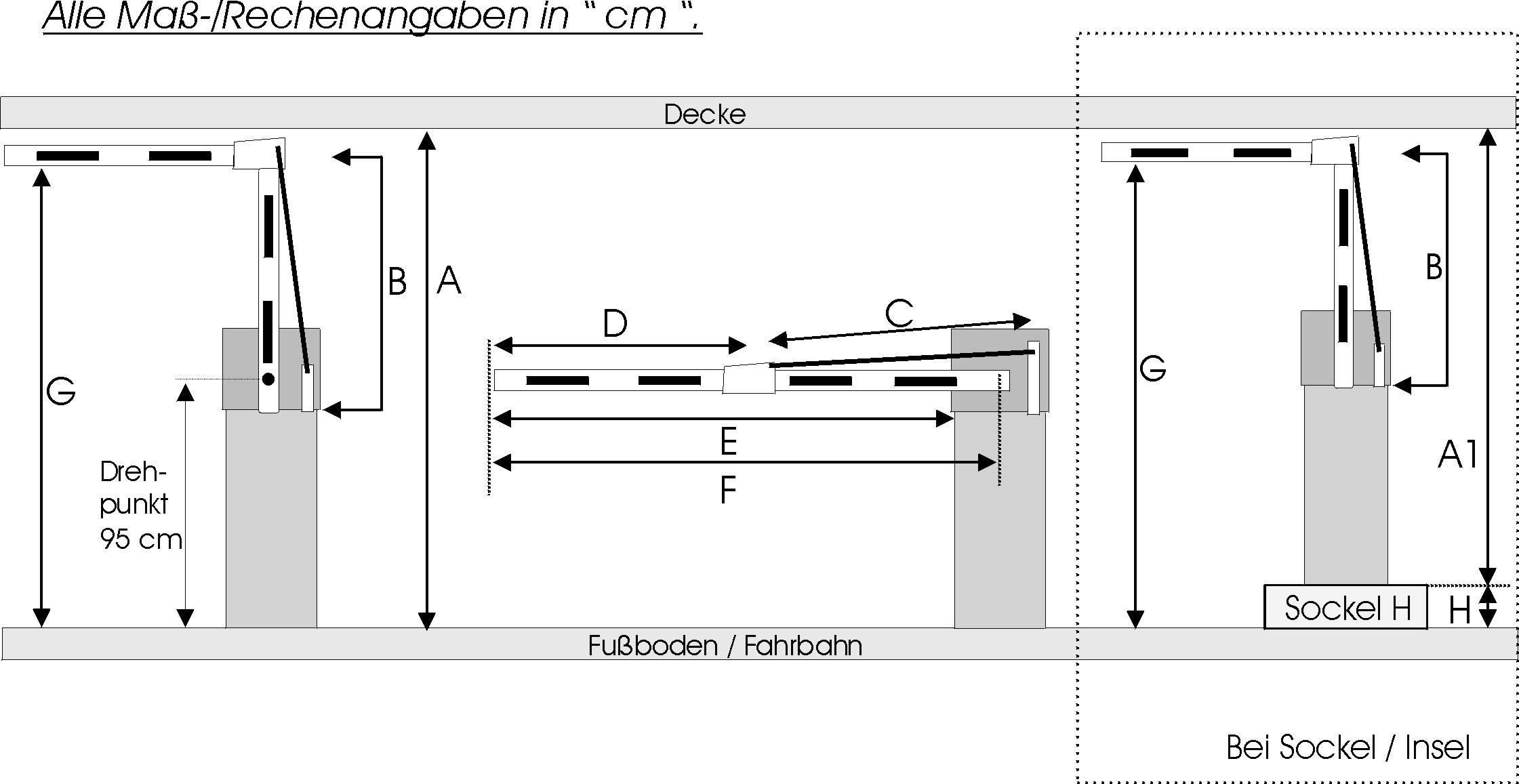 Originalzeichnung mit den Maßen A, A1, B, C, D, E, F, G und H
